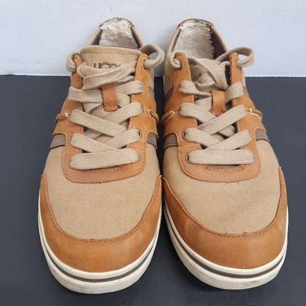 UGG Australia Men’s Sneakers Size 9 Tan & Brown Leather Canvas - Picture 2 of 8